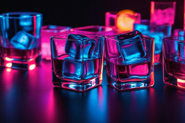 Aufkleber - Neon ice cubes abstract background illustration. Cocktails, party, fashion concept