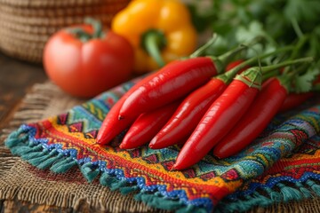 Poster - A group of vibrant red peppers neatly arranged on top of a table.