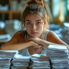 A sweet, young woman sits among paper checks and payments. Financial planning concept.