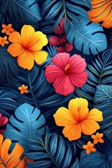 Poster - A vibrant assortment of flowers and leaves displayed against a striking blue backdrop.