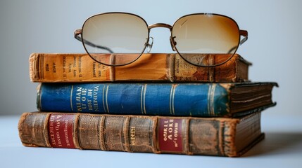 Poster - An image of a stack of books on a white background. The top of the stack has glasses, the bottom one has an empty card holder. There is a space for text. World book day concept.