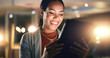 © peopleimages.com - Business, woman and tablet at night in office for planning research, online report and internet information. Happy employee working late on digital technology for social network, website data and app