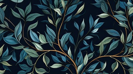 Canvas Print - a vintage pattern design,leaves and branches,blue and green, seamless pattern