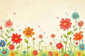 Wall Mural -  Whimsical Garden Illustration with Colorful Blossoms on a Light Background