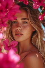 Poster - Portrait of a young woman with sunlit hair and freckles, peering through vibrant pink flowers, embodying spring and natural beauty.