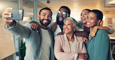 Wall Mural - Group of business people in selfie together, diversity and smile for social media at startup. Photography, solidarity and happy office team at workshop, men and women in profile picture at workplace.