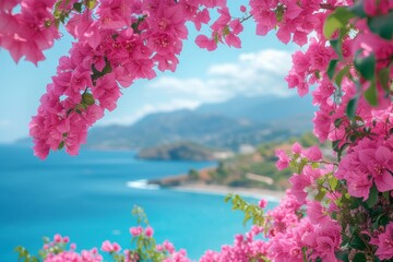 Poster - Vibrant pink flowers frame a breathtaking view of a calm blue sea and distant mountains, capturing the essence of spring along the coast.