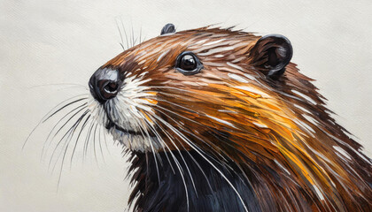 Wall Mural - Oil painting of a beaver head on pure white background canvas, copyspace on a side