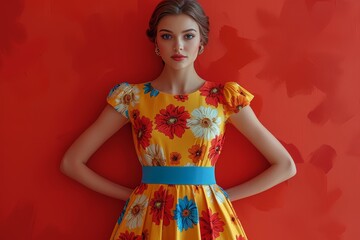 Poster - A poised young woman dressed in a colorful floral dress with a blue waistband stands confidently against a vivid red backdrop, showcasing a modern fashion style.