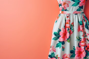 Canvas Print - A close-up view of a woman wearing a floral patterned dress against a vibrant coral-colored backdrop, highlighting fashion and textile details.