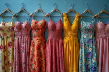 Poster - A vibrant collection of summer dresses with floral patterns and a solid yellow dress stands out, all displayed side by side on hangers against a blue wall.