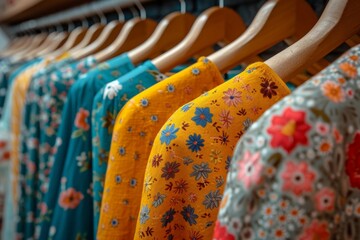 Poster - An array of brightly colored floral dresses hang closely together on wooden hangers, showcasing various patterns and designs in a boutique setting.