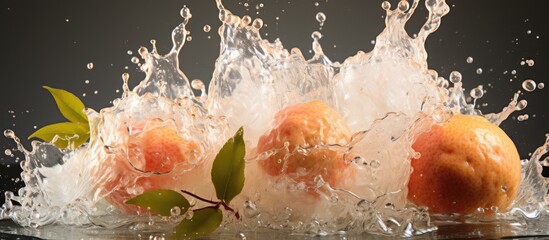 Wall Mural - A glass of lychee juice with a splash coming out of the glass on a white background