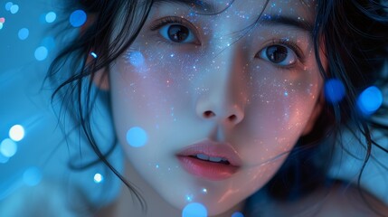 Aufkleber - Angular hologram screens. Young Asian woman watching business technology.