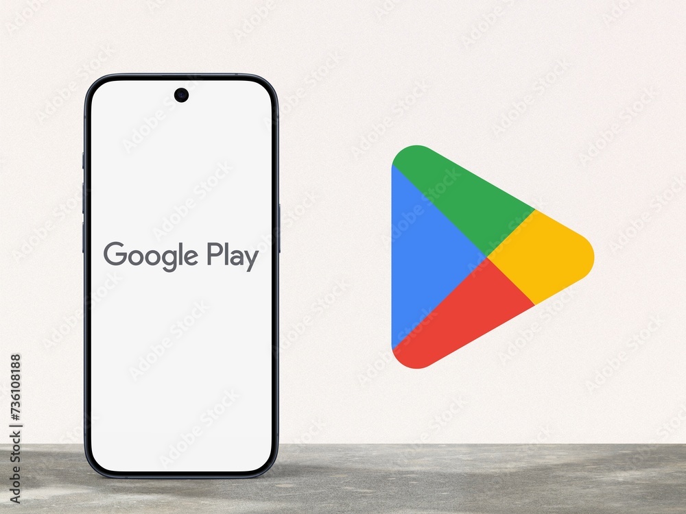 Google Play shown on modern smartphone Logo of the official app store ...