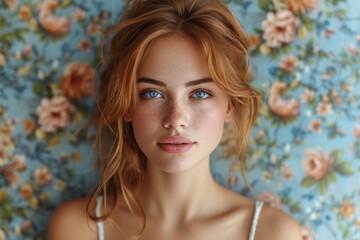 Poster - A young woman gazes calmly at the camera, her expressive blue eyes standing out against an artful floral wallpaper background.