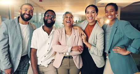 Happy, team building and portrait of business people in office for diversity and collaboration. Smile, confident and professional woman manager with group of creative designers in modern workplace.