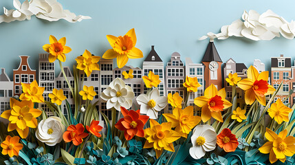 Wall Mural - Crafted Cityscape: Amsterdam's Historic Houses and Floral Papercut Design.  Generative AI