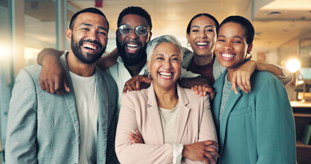 Poster - Smile, confidence and portrait of business people in office for team building or collaboration. Happy, staff and group of creative designers with senior woman manager with crossed arms in workplace.
