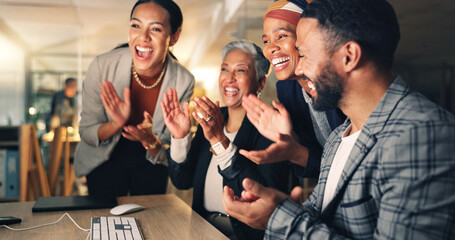 Aufkleber - Business people, teamwork applause and computer with collaboration, celebration and web design planning. Working, company win and project success of management group with motivation and cheer for job
