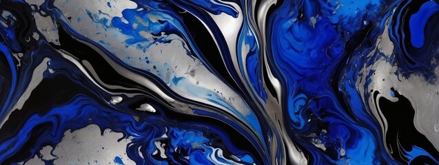 Sticker - Cobalt abstract black marble background art paint pattern ink texture watercolor silver leaf fluid wall.