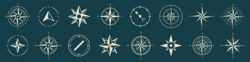 Aufkleber - Navigation compass icon collection. Set of abstract compass icons. Vintage marine wind rose, nautical chart. Set of nautical compass navigation icons