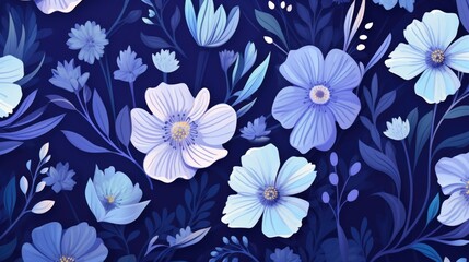 Wall Mural - Background with different flowers in Navy Blue color