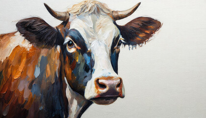 Wall Mural - Oil painting of a cow head on pure white background canvas, copyspace on a side