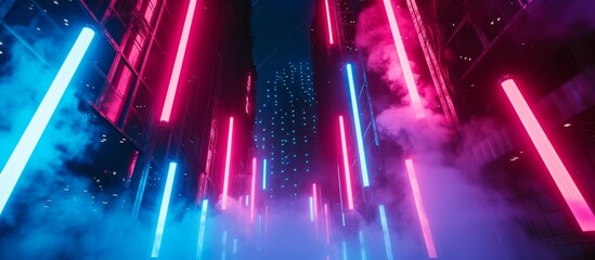 Poster - Glowing futuristic cityscape with vibrant neon lights and billowing smoke at dusk