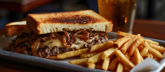 Sticker - Delicious sandwich and fries on a plate, delectable meal for lunchtime enjoyment