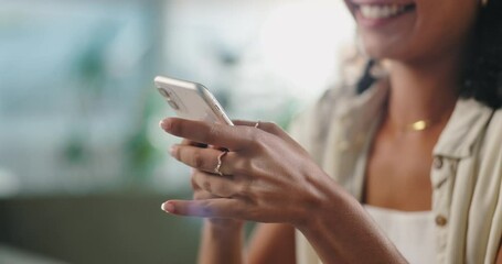 Aufkleber - Typing, woman and hands with smartphone for chat, online, conversation and social media update and closeup. Mobile app, phone and discussion for post, status and caption with likes and feedback