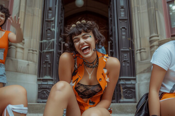 Wall Mural - photo, college student with natural beauty, laughing, fashionable clothes, hips to head, sitting on the curb at the entrance of the college, her friends standing nearby