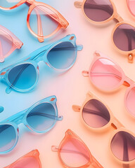 Wall Mural - Sunglasses on a blue, peach gradient background. Summer holiday concept wallpaper.