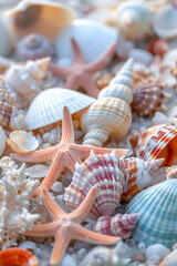 Wall Mural - Sea shells and starfish on the sandy beach wallpaper background. Summer holiday concept background