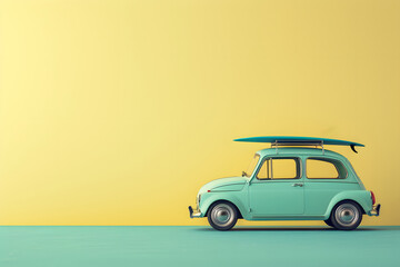 Wall Mural - Pastel blue car with surfboard isolated on the pastel yellow background with copy space. Summer vacation concept background.