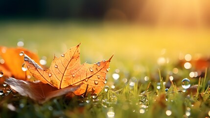 Fallen autumn leaves with dew in grass web banner. Autumn leaves with water drops closeup nature background. Golden autumn leaf in the grass in the sun 