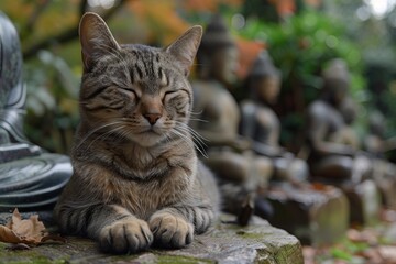 Buddhist cat, animal worship, funny illustration of a cat with folded paws. Concept: Religious sketch, meditative kitten, inspiration and spiritual growth. neutral background