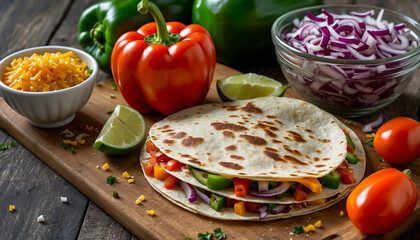 Wall Mural - A vegetable quesadilla served on a wooden board, surrounded by various raw ingredients such as sliced bell peppers, diced onions, grated cheese, and tortillas, highlighting the fresh components