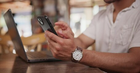 Poster - Hands, phone and man in coffee shop networking on social media, mobile app or the internet. Laptop, technology and closeup of male freelancer typing email for remote work with cellphone in cafe.