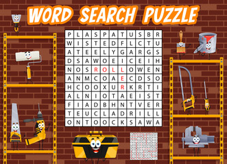 Aufkleber - Word search puzzle game to find cartoon DIY and repair tool characters, vector quiz worksheet. Guess and find word in cross grid, carpentry screwdriver and woodworking drill with handsaw for kids game