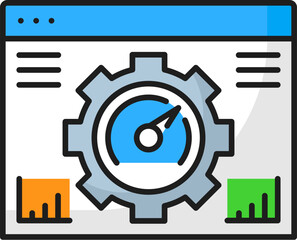 Leinwandbilder - Website speed analysis. Web audit icon of internet website page with vector thin line loading speed test report, gear and speedometer. SEO, web site development and digital business optimization