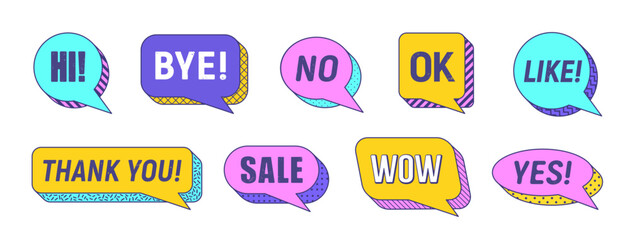 Fototapete - Memphis speech bubbles isolated vector set. Vibrant dialog elements or clouds featuring bold colors, thick outlines and dynamic visual typography hi, bye, no, ok and like, thank you, sale, wow and yes