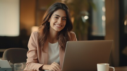 Wall Mural - Happy confident businesswoman video calling on laptop, working from home. Smiling female business. copy space for text.