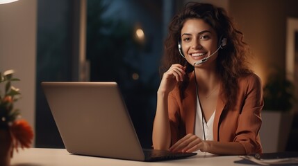 Wall Mural - Happy confident businesswoman video calling on laptop, working from home. Smiling female business. copy space for text.