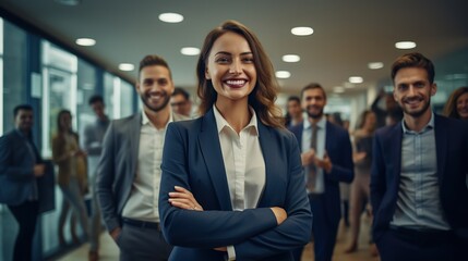 Poster - happy businesswoman and businessman lead a successful, cohesive team. copy space for text.