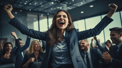 Poster - happy businesswoman and businessman lead a successful, cohesive team. copy space for text.