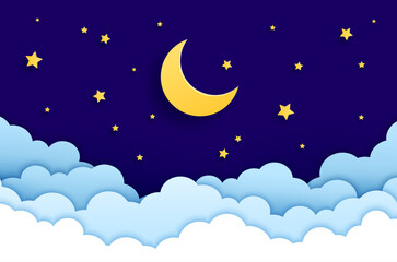 paper cut crescent moon night sky, stars and clouds 3d vector background casting a celestial charm. 
