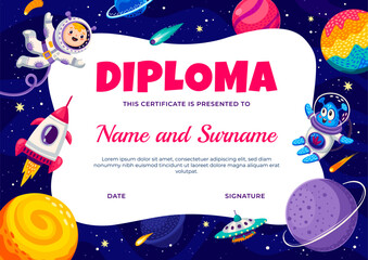 Poster - Astronaut diploma with kid spaceman, space planets, alien and ufo. Vector school or kindergarten graduation , award or appreciation certificate with cute cartoon child cosmonaut character and rocket