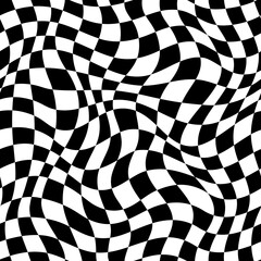 Aufkleber - Wavy checker pattern or trippy checkerboard background with optical illusion. Vector black and white checker squares or chessboard swirl with spiral twist distortion for psychedelic hypnotic pattern