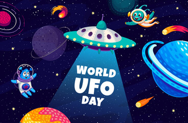 Poster - World UFO day banner with funny cute aliens and UFO saucer. Universe adventure, outerspace research or space exploration vector poster or banner with starry galaxy planets and aliens happy characters